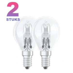 2 lampen: Neolux Kogel Halogeenlamp E14 - 60W met een groot aantallabel van 2 stuks.