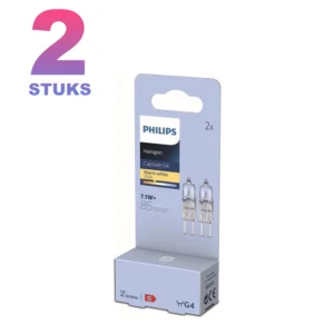 Set van 2 lampen: Philips Mini Halogeenlamp G4 – 7W – Warm wit licht (2700K) – 2 jaar – Dimbaar