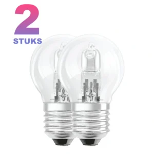 2 lampen: Sylvania Kogel Halogeenlamp E27 - 28W met een groot aantallabel van 2 stuks.