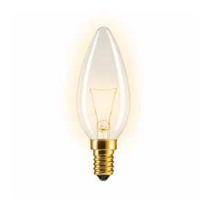 Gloeilamp met E14 fitting en kaarsvorm op een witte achtergrond.