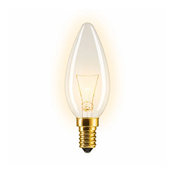 Gloeilamp met E14 fitting en kaarsvorm op een witte achtergrond.