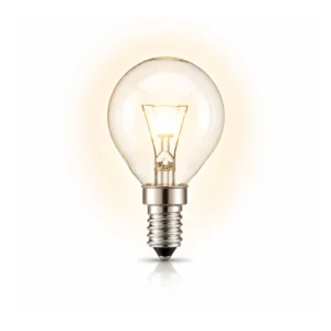Gloeilamp met E14 fitting en kogelvorm op een witte achtergrond.
