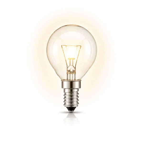 Gloeilamp E14 – kogelvorm – 1200px | Lichtkiezer Gloeilamp met E14 fitting en kogelvorm op een witte achtergrond.