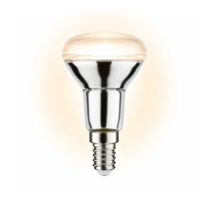 Gloeilamp met E14 fitting en reflectorvorm op een witte achtergrond.