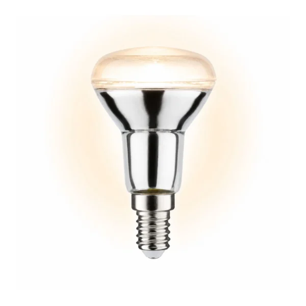 Gloeilamp met E14 fitting en reflectorvorm op een witte achtergrond.