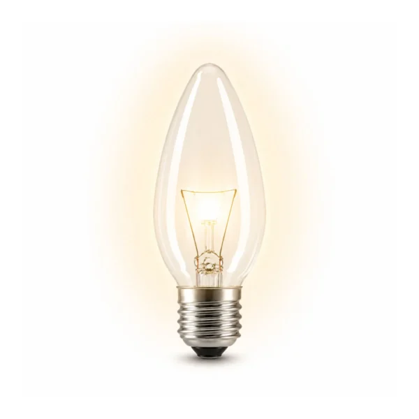 Gloeilamp met E27 fitting en kaarsvorm op een witte achtergrond.