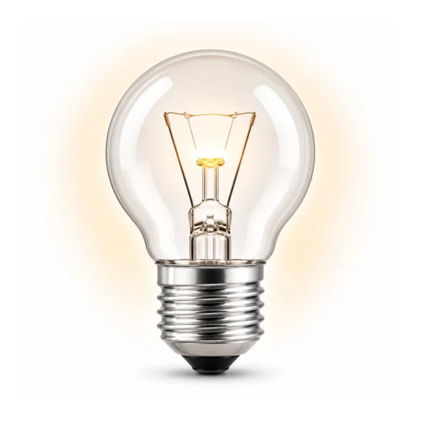 Gloeilamp met E27 fitting en kogelvorm op een witte achtergrond.