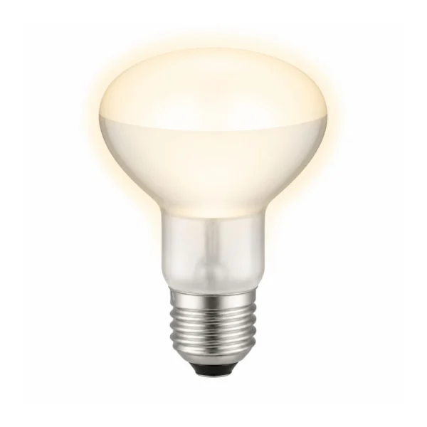Gloeilamp met E27 fitting en reflectorvorm op een witte achtergrond.