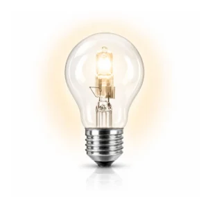 Halogeenlamp met E27 fitting en peervorm op een witte achtergrond.