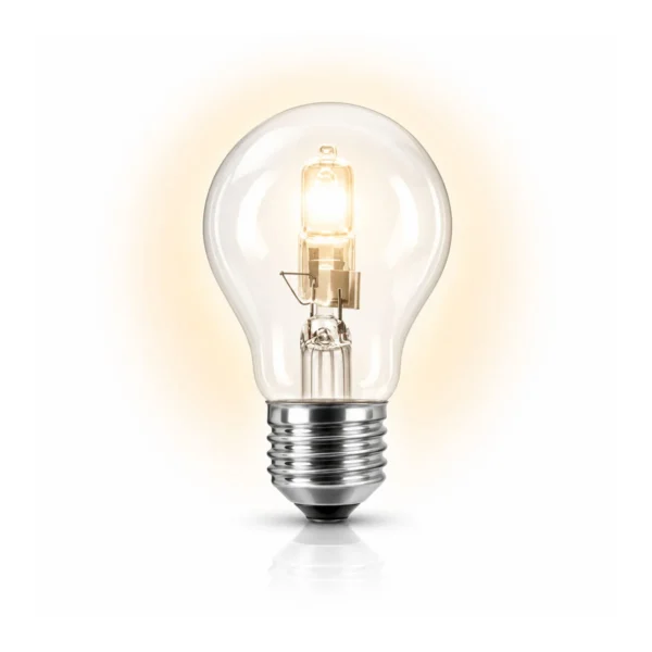 Halogeenlamp met E27 fitting en peervorm op een witte achtergrond.