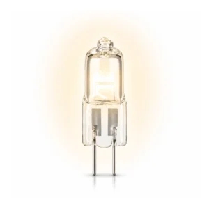 Halogeenlamp met G4 fitting en compacte minivorm op een witte achtergrond.