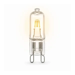 Halogeenlamp met G9 fitting en compacte minivorm op een witte achtergrond.
