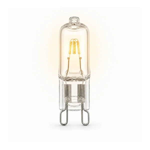 Halogeenlamp met G9 fitting en compacte minivorm op een witte achtergrond.
