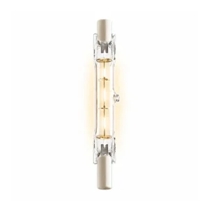 Losse heldere R7s halogeenstaaflamp met keramische contacten aan beide uiteinden op een witte achtergrond.