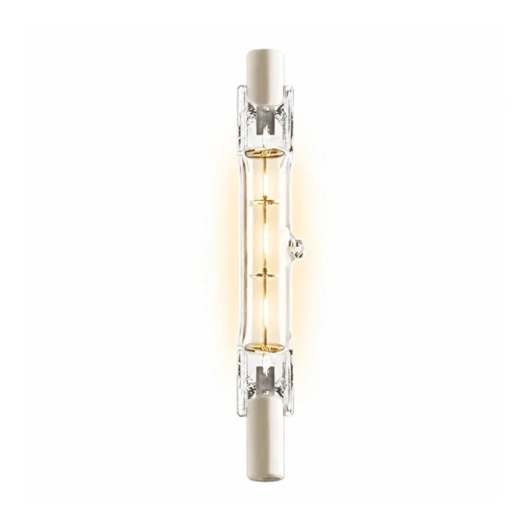 Losse heldere R7s halogeenstaaflamp met keramische contacten aan beide uiteinden op een witte achtergrond.