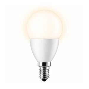 Ledlamp met E14 fitting en kogelvorm op een witte achtergrond.