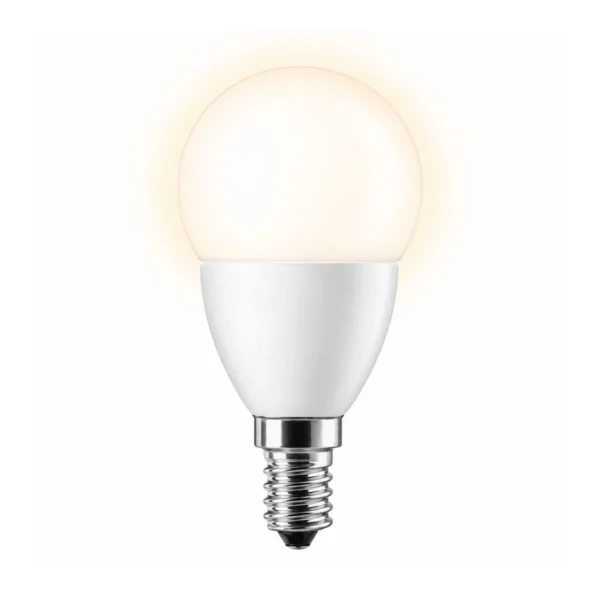 Ledlamp met E14 fitting en kogelvorm op een witte achtergrond.