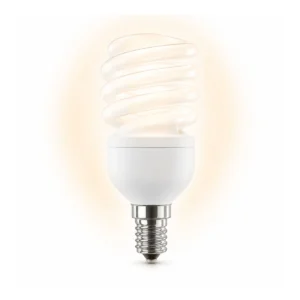 Spaarlamp met E14 fitting en spiraalvorm op een witte achtergrond.