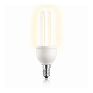 Spaarlamp met E14 fitting en stickvorm op een witte achtergrond.