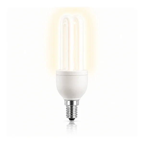 Spaarlamp met E14 fitting en stickvorm op een witte achtergrond.