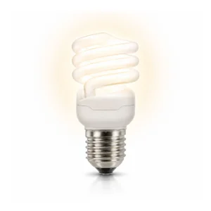 Spaarlamp met E27 fitting en spiraalvorm op een witte achtergrond.