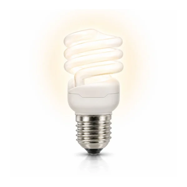 Spaarlamp met E27 fitting en spiraalvorm op een witte achtergrond.