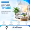 Lichte woonkamer met bank, salontafel en hanglamp, met pictogrammen voor woonkamer, slaapkamer, eetkamer en hal.