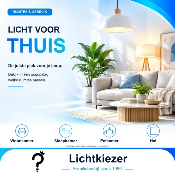 Lichte woonkamer met bank, salontafel en hanglamp, met pictogrammen voor woonkamer, slaapkamer, eetkamer en hal.