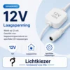 12V aanduiding naast een lamp en pictogrammen over laagspanning.