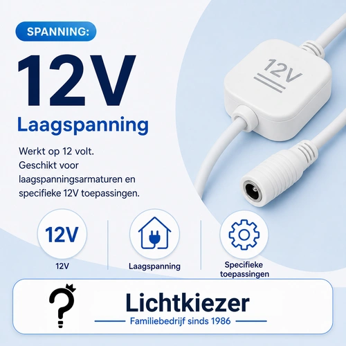 12V aanduiding naast een lamp en pictogrammen over laagspanning.