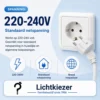 220–240V netspanning | Lichtkiezer 220–240V aanduiding met een stopcontact en stekker.