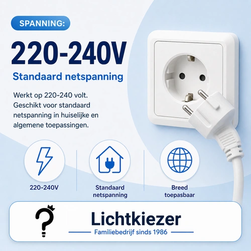 220–240V netspanning | Lichtkiezer 220–240V aanduiding met een stopcontact en stekker.