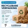 Recyclebare verpakking | Lichtkiezer Kartonnen dozen, papier en recyclingsymbolen als uitleg over recyclebare verpakking.