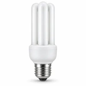 Stick-spaarlamp met witte U-vormige buizen, een witte voet en een metalen E27-schroeffitting op een witte achtergrond.