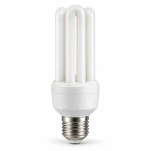 Stick-spaarlamp met witte U-vormige buizen, een witte voet en een metalen E27-schroeffitting op een witte achtergrond.